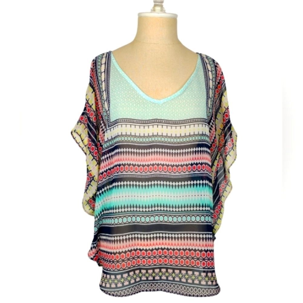 AGB Sheer Blouse Top Meduim Geometric Design Vneck Pink Yellow Green Blue White